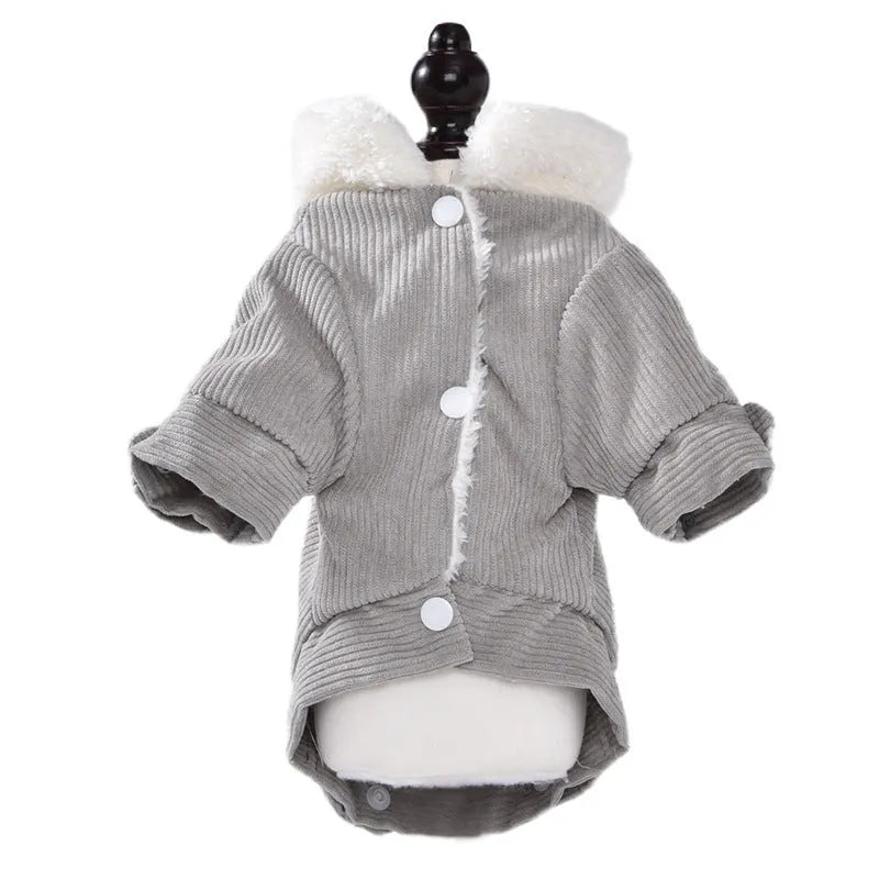 Lambswool fleece-lined dog vest in grey or pink, shown on a pet, for autumn and winter warmth.