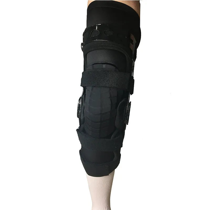 Black anterior ligament knee support brace showing composite construction with iron and cloth materials.