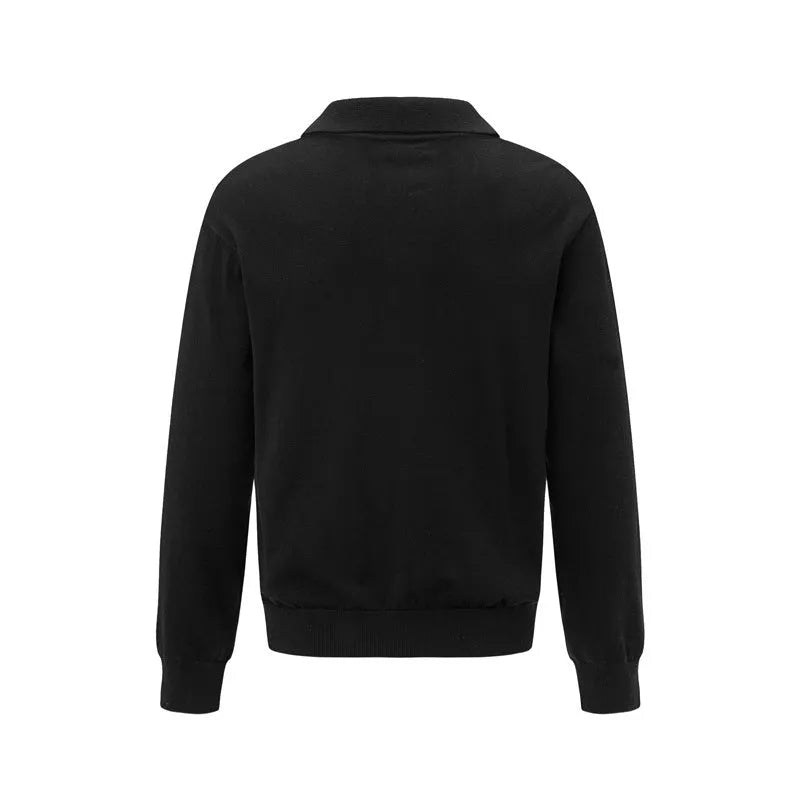 Man's loose fit black pullover sweater, acrylic blend, casual wear.