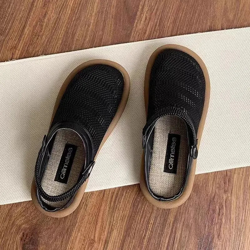 Soft bottom closed toe breathable mesh slip-on hole shoes in khaki with linen upper and rubber sole