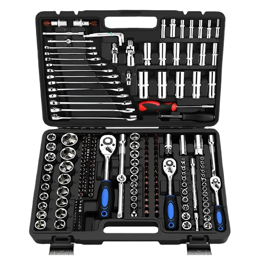 Chrome vanadium steel socket ratchet wrench set with multiple pieces for auto and home repair.