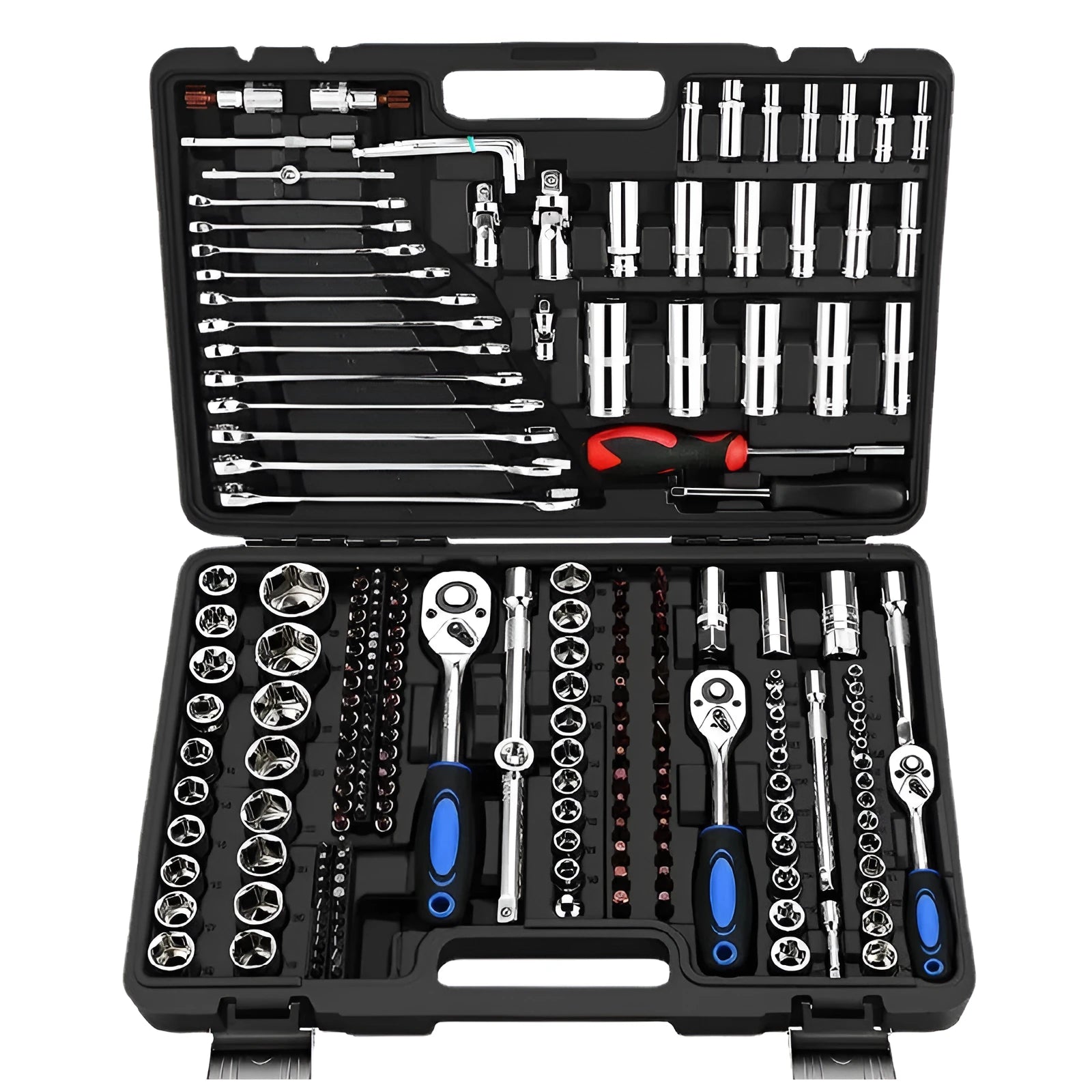Chrome vanadium steel socket ratchet wrench set with multiple pieces for auto and home repair.