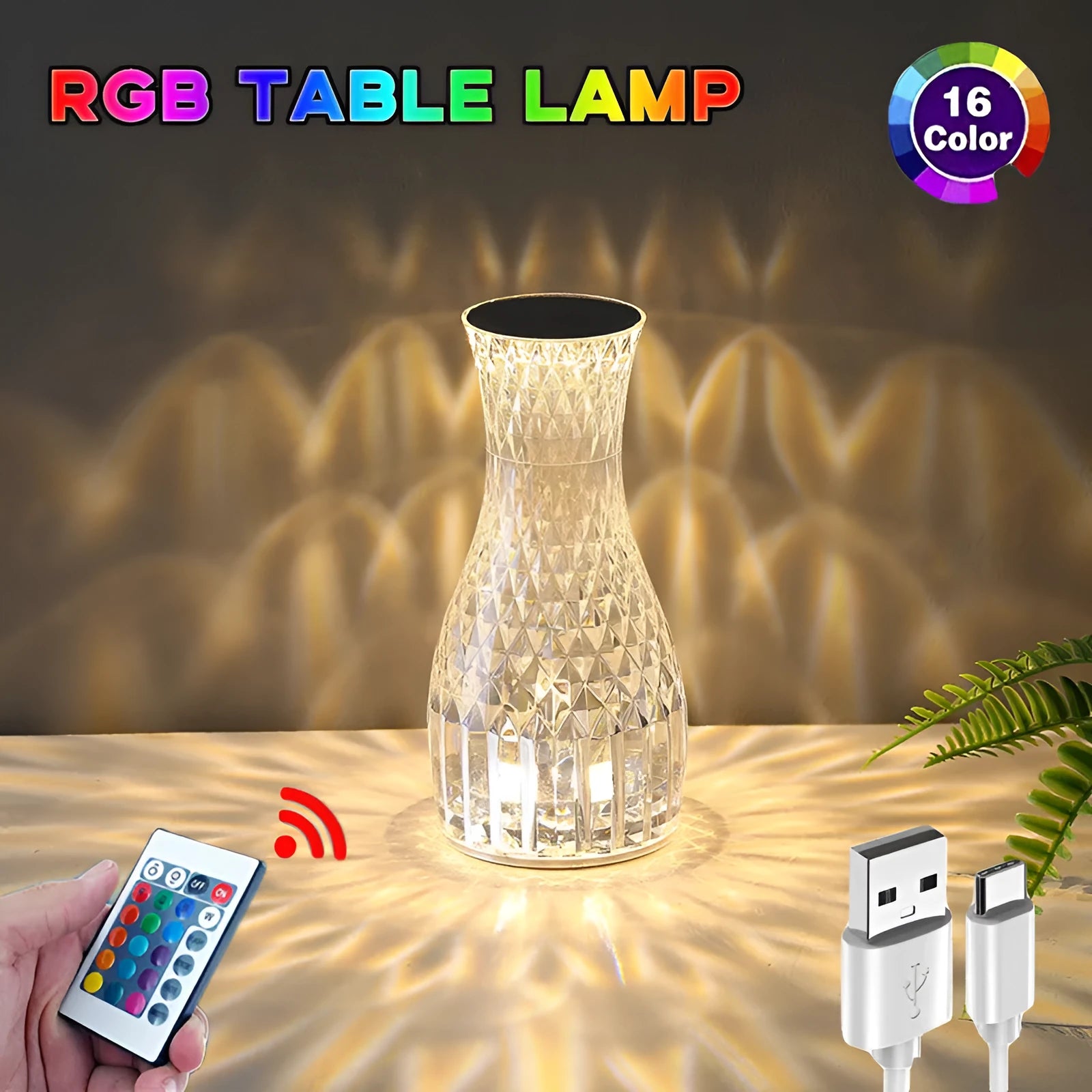 Crystal bedside lamp vase shape 9x19cm transparent PC material with LED colour light