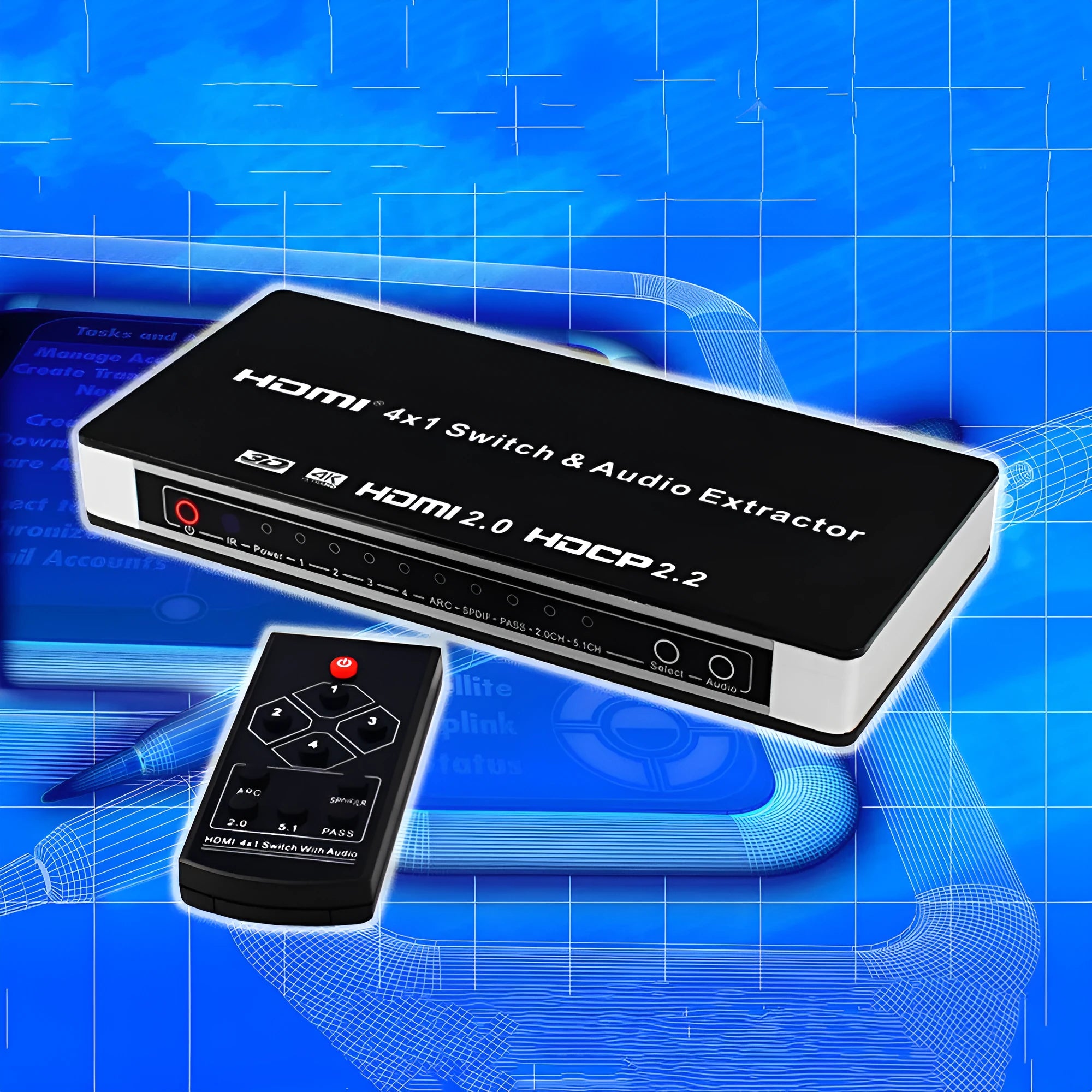 Black HDMI video switch with four inputs and one output, remote control, and power adapter