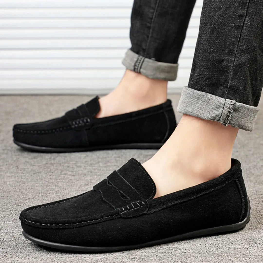 Men's suede loafers slip-on casual shoes cowhide leather round toe rubber sole