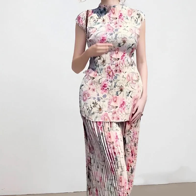 Printed chiffon dress set with high waist skirt and long sleeve top in picture colour