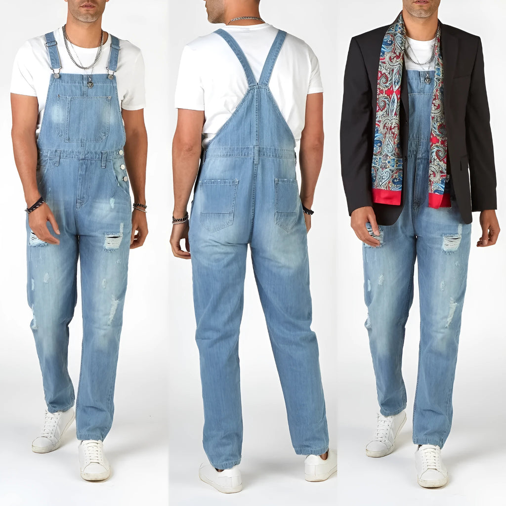 Men's light blue ripped high waist suspender jeans with button fly
