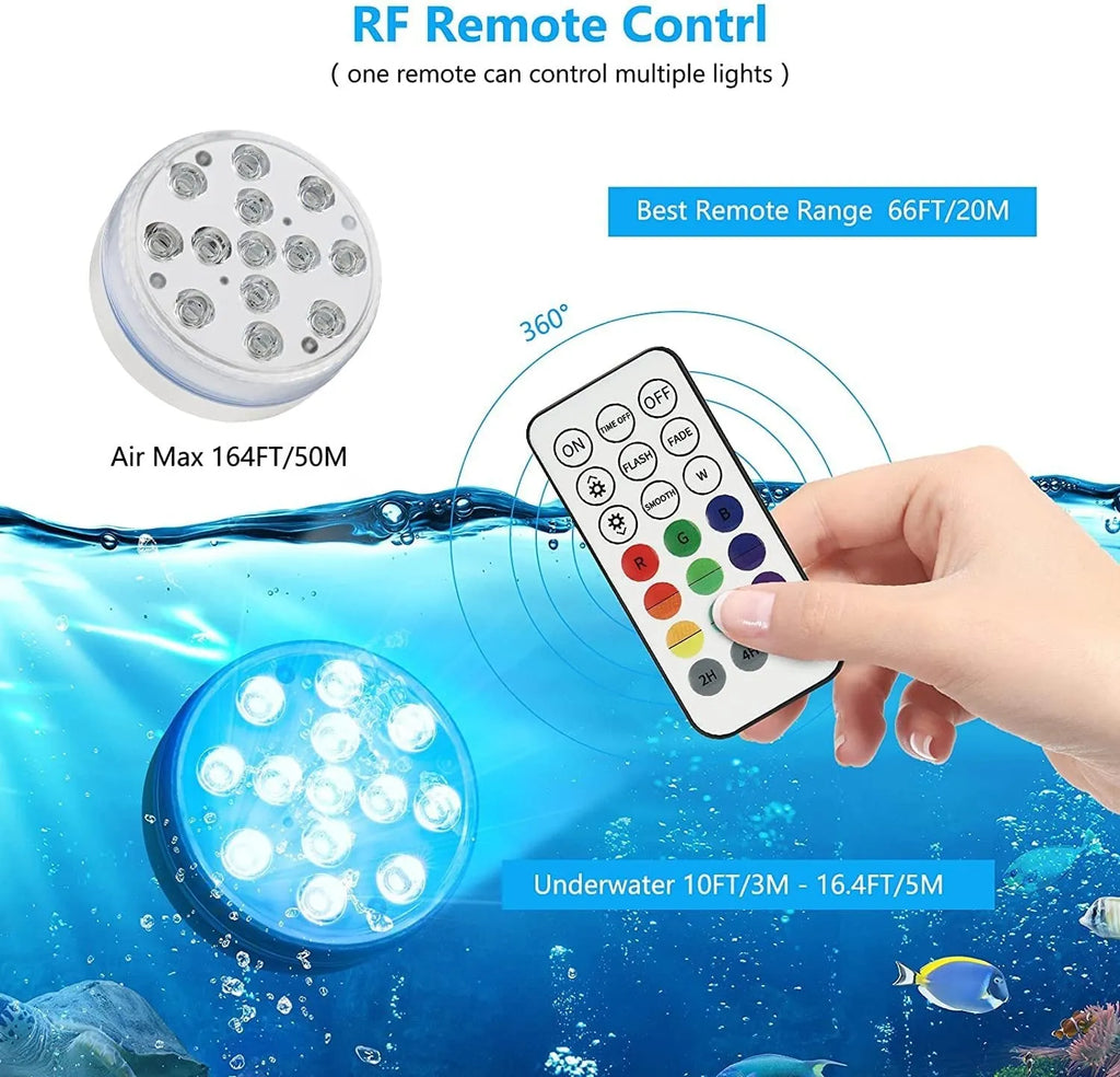 Remote control colour changing diving light with IP68 waterproof rating for pool and garden use