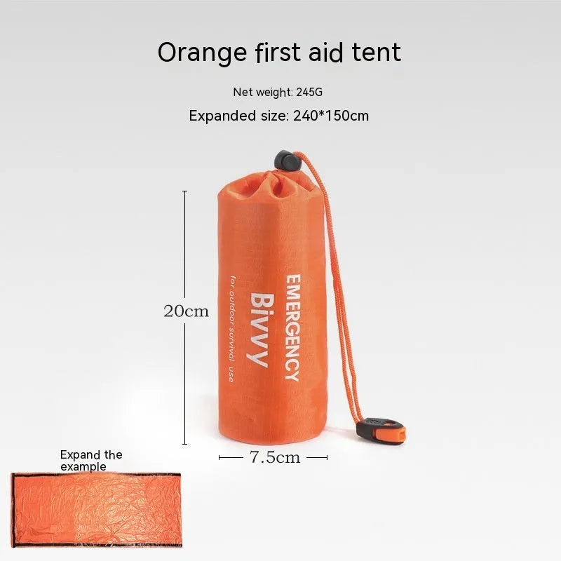 Orange portable disaster relief tent shown with optional sleeping bag and emergency blanket for outdoor use.