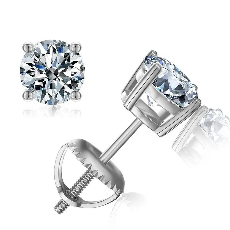 Geometric silver moissanite stud earrings with screw four claw setting, shown with certificate and black card.