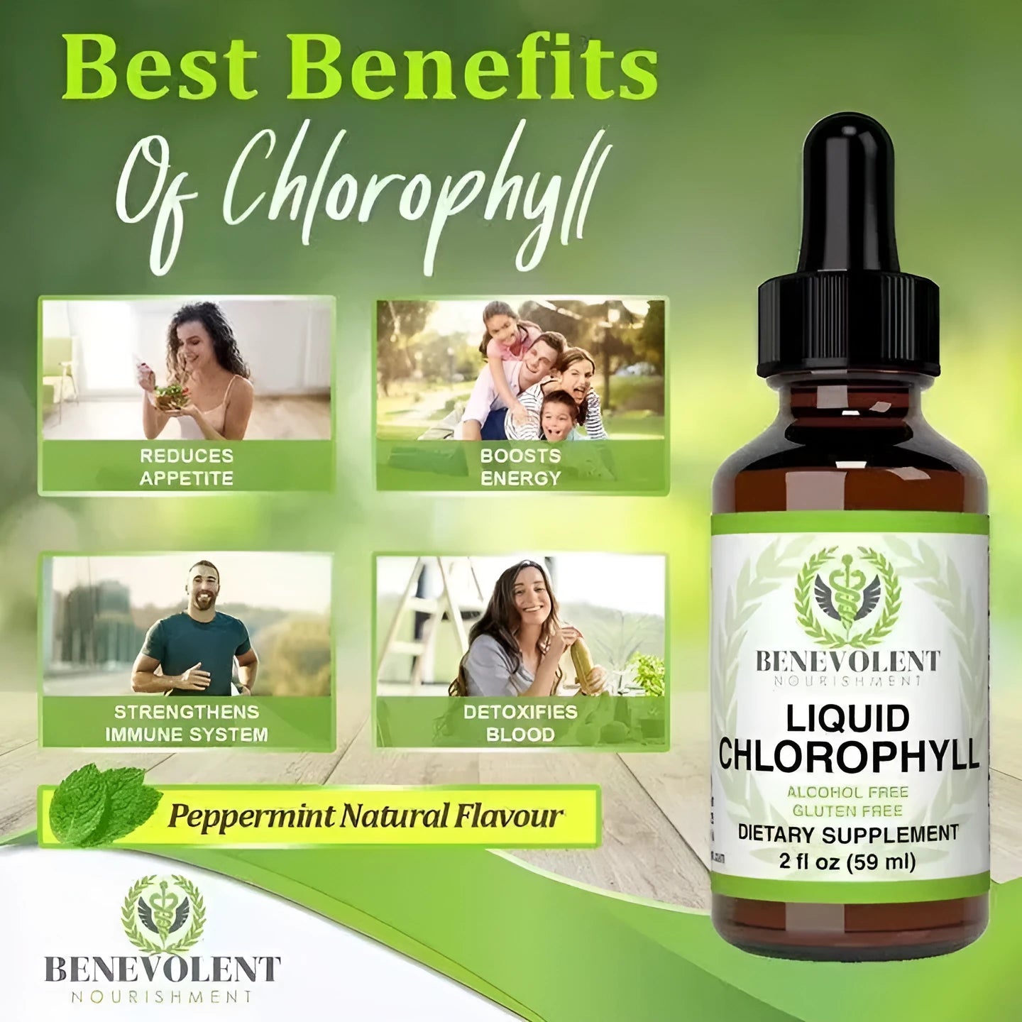 60ml bottle of natural liquid chlorophyll drops for adult intestinal care and internal deodorant use.