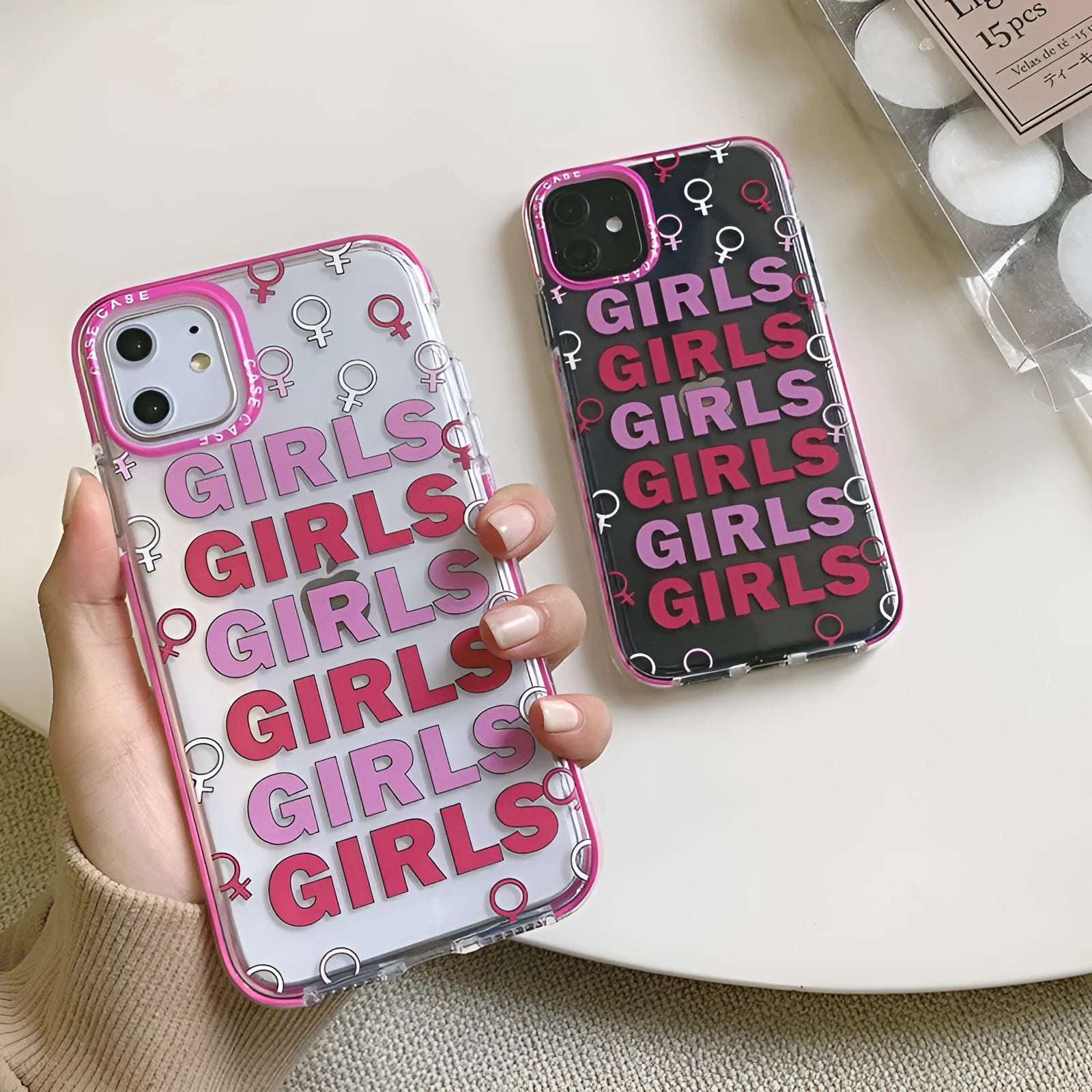 Girl all-inclusive soft TPU transparent case for iPhone with black circle GIRLS pink letter print