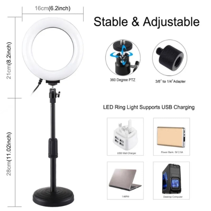 Black dual mobile phone desktop fill light ring beauty selfie bracket with professional flash 16cm