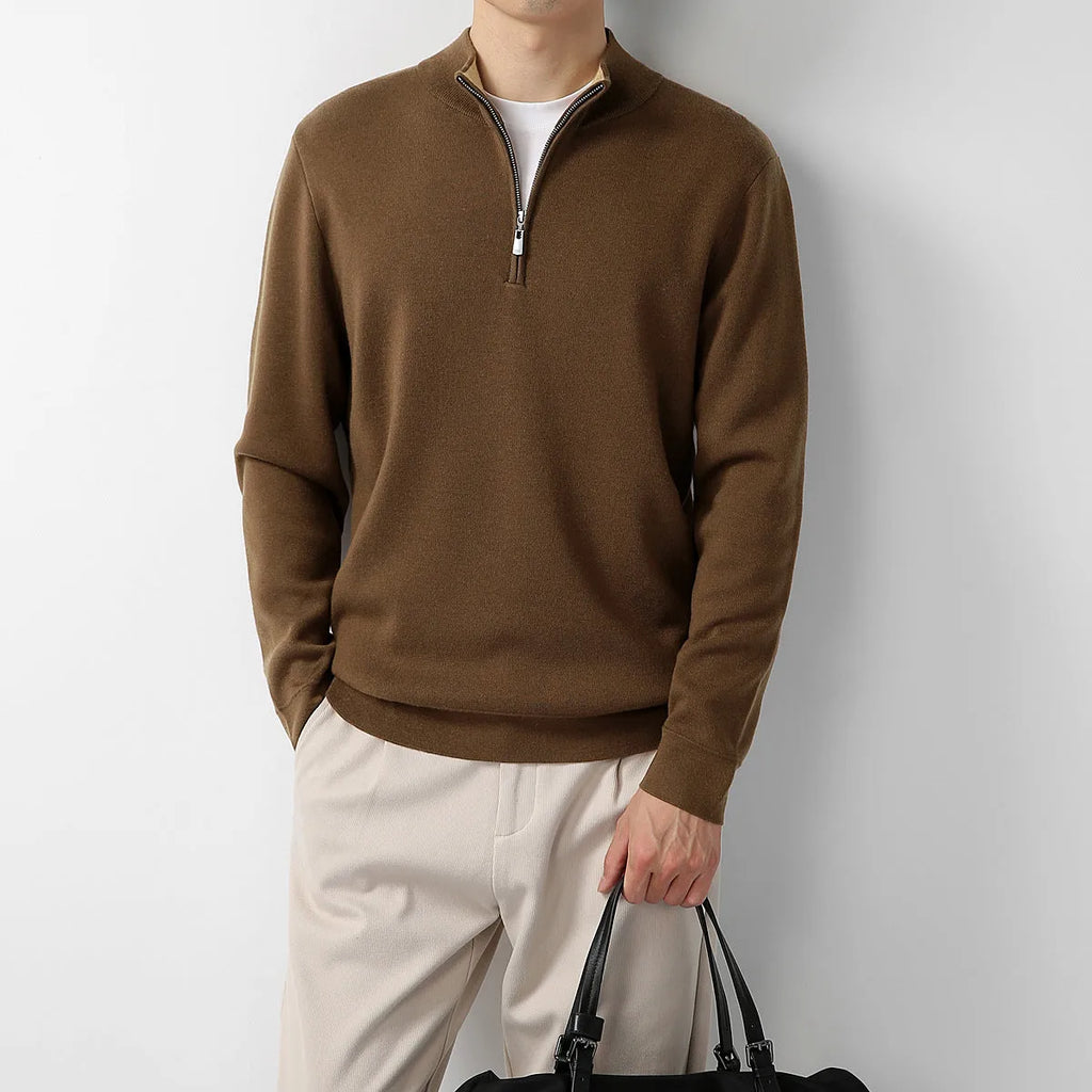 Men's merino wool zip stand collar sweater in light business style, machine washable, regular fit pullover