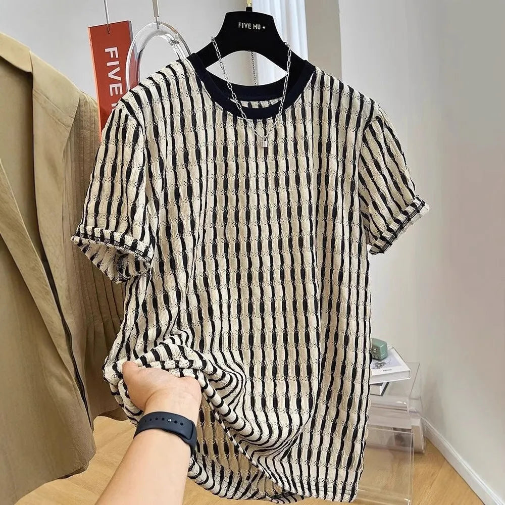 Black striped men's casual loose-fit short sleeve shirt made from a linen and silk blend fabric.