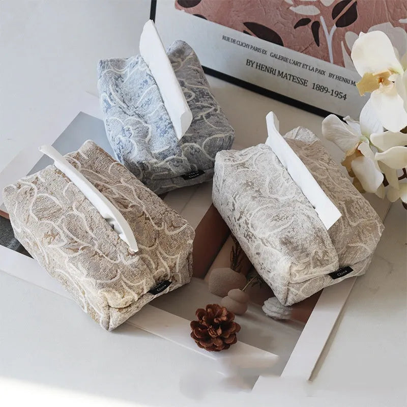 Cotton fabric decorative tissue box cover with drawer in beige, blue, or brown colour