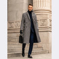 Grey check double breasted wool overcoat with suit collar and horn clasp, medium length men's winter coat