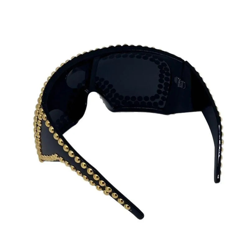 Men's square punk sunglasses with large rim and silver rivets on PC frame