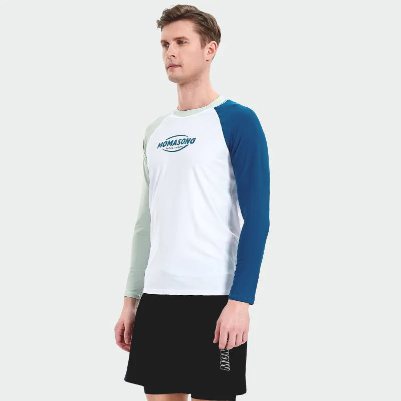 Men's long-sleeved white top swimsuit with matching trunks for outdoor water sports