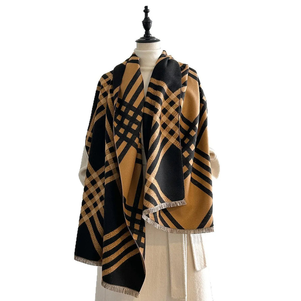 Qianjin imitation cashmere tassel scarf in 185x65cm size shown in four colours brown black black camel khaki