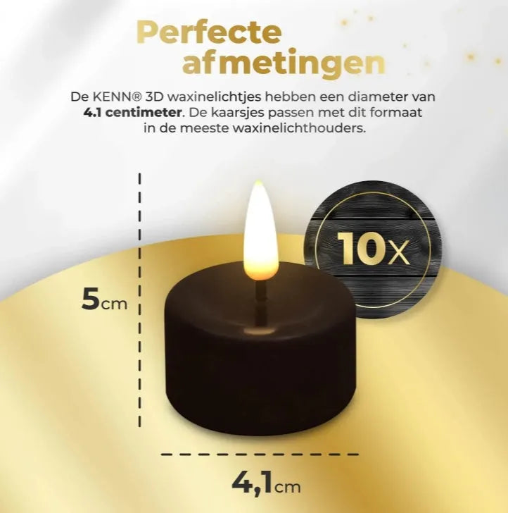 Four black LED tealight candles showing 4.1cm diameter and 5cm height dimensions