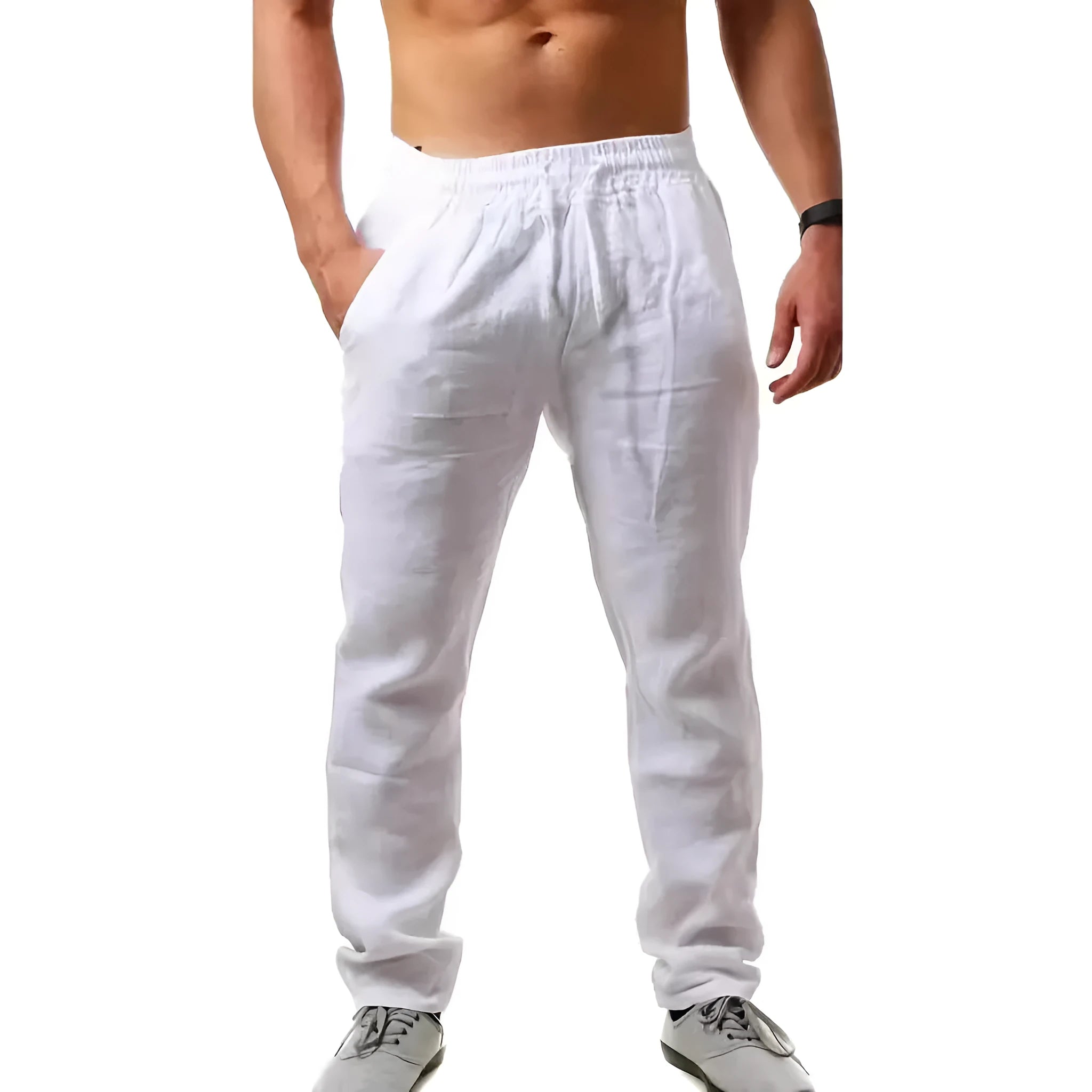 Cotton and linen beach pants for men, loose casual fit, solid colour trousers in khaki