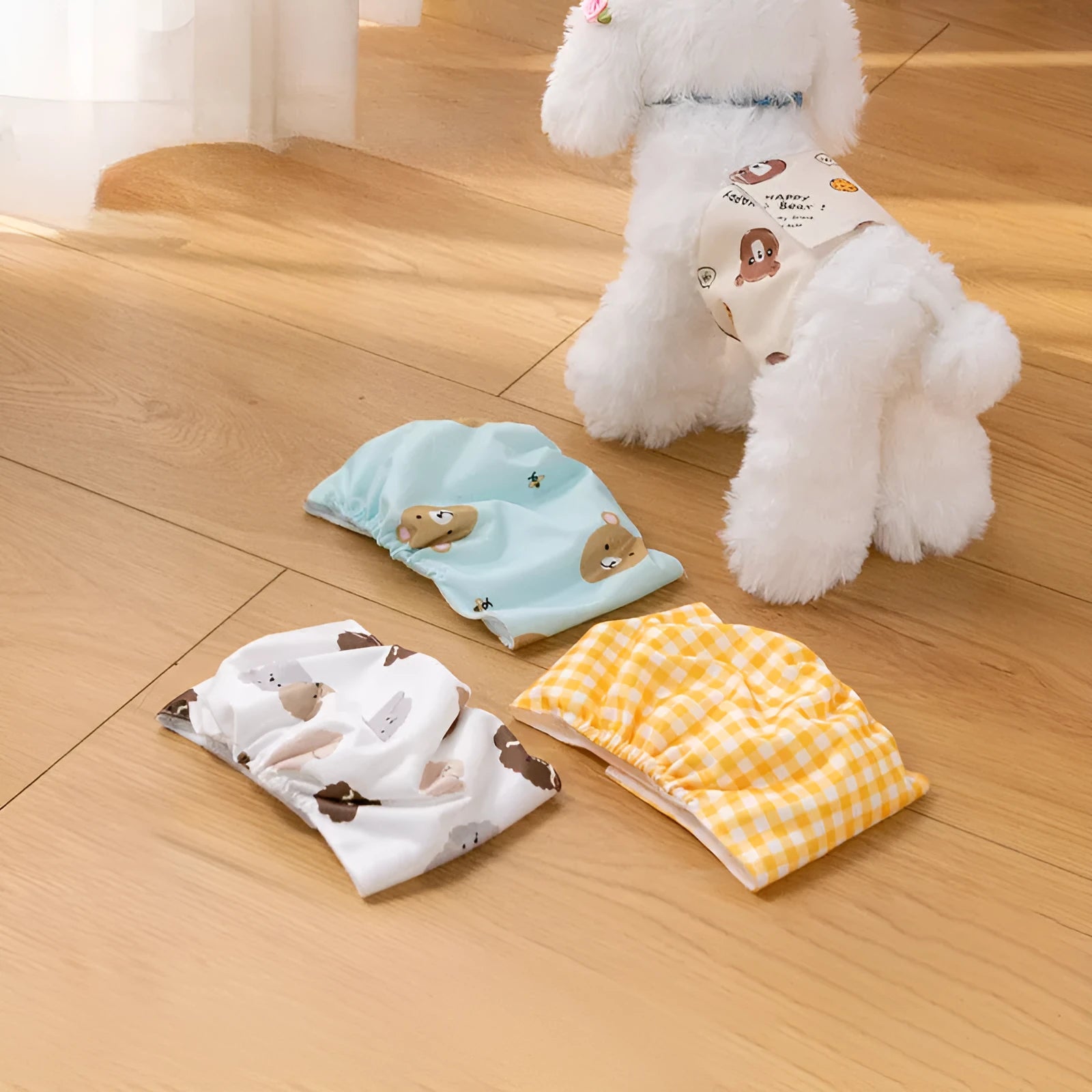 Reusable dog diaper belly band with cartoon paw print design, male dog sanitary pant, leakproof polyester with fastener tape