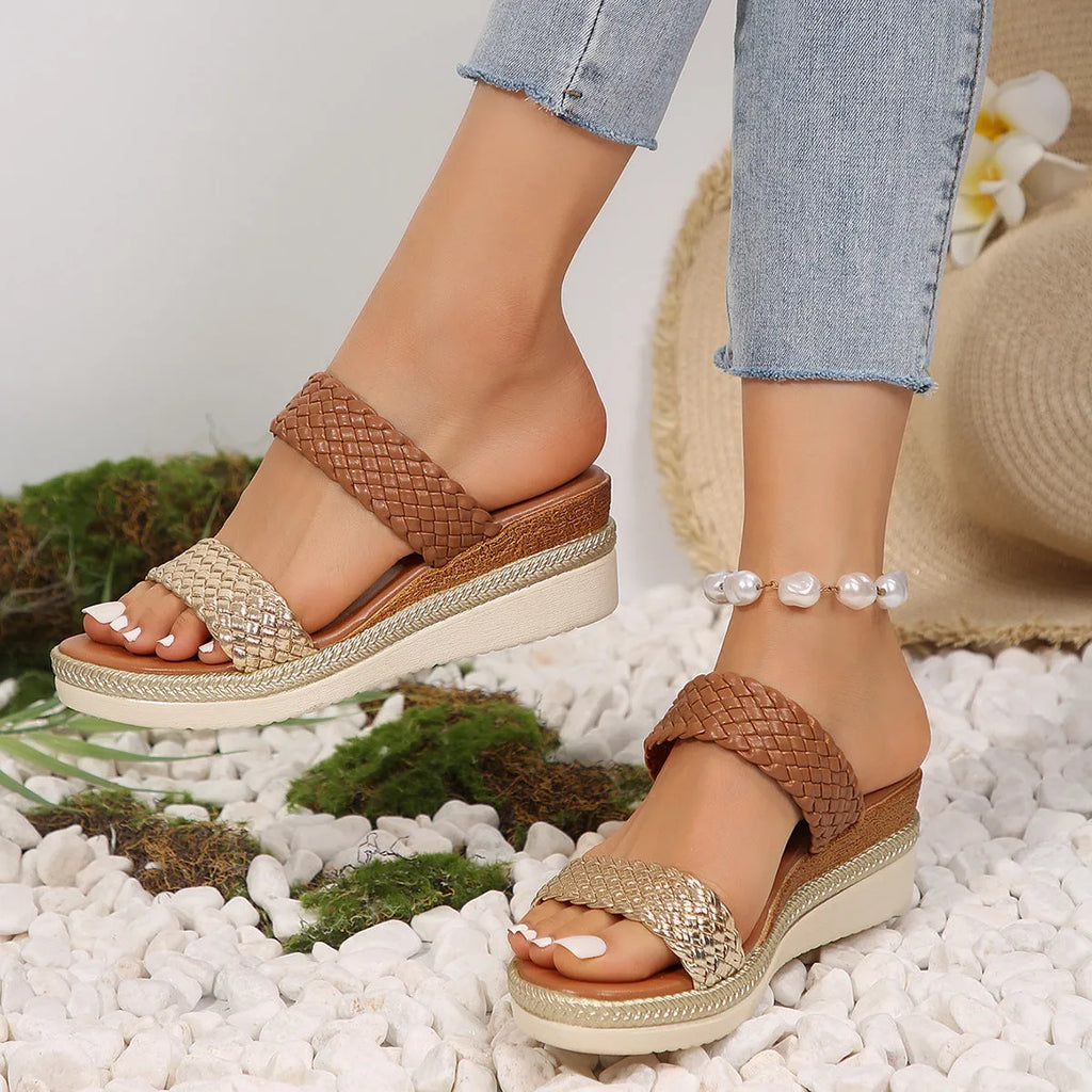 Gold and silver plus size wedge sandals for women, sizes 36-43, with PU upper and rubber sole.