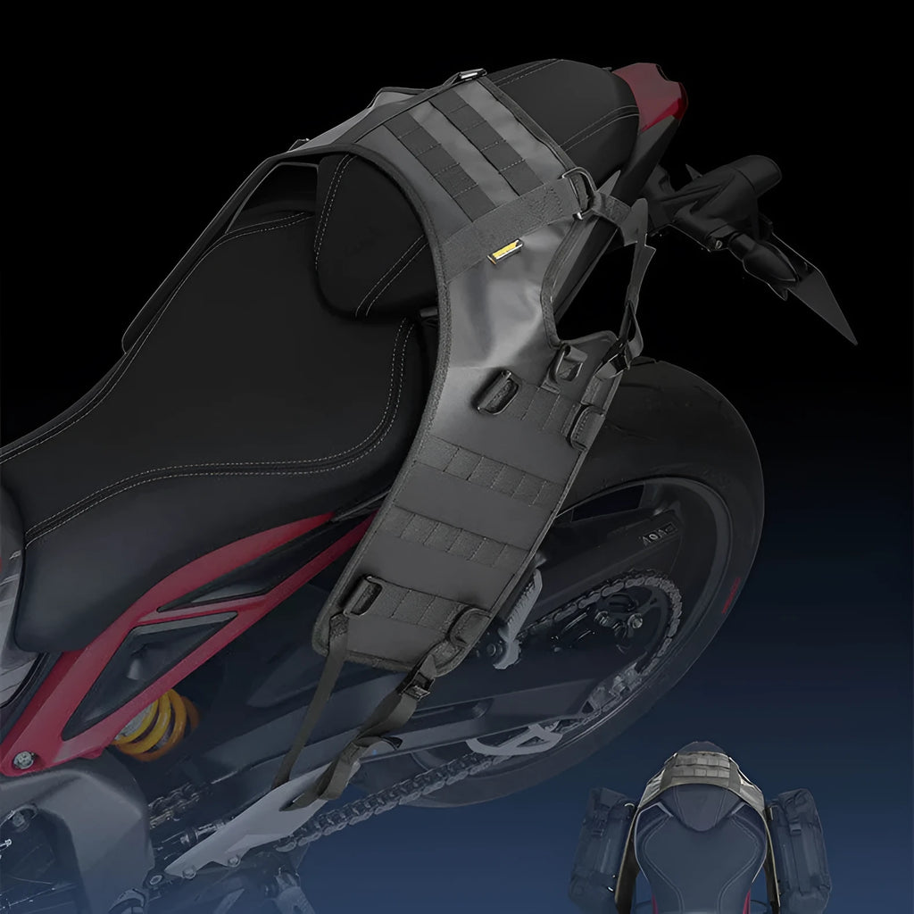 Black polyester motorcycle fuel tank mount base saddle measuring 100x40cm with expanded 100x41cm size
