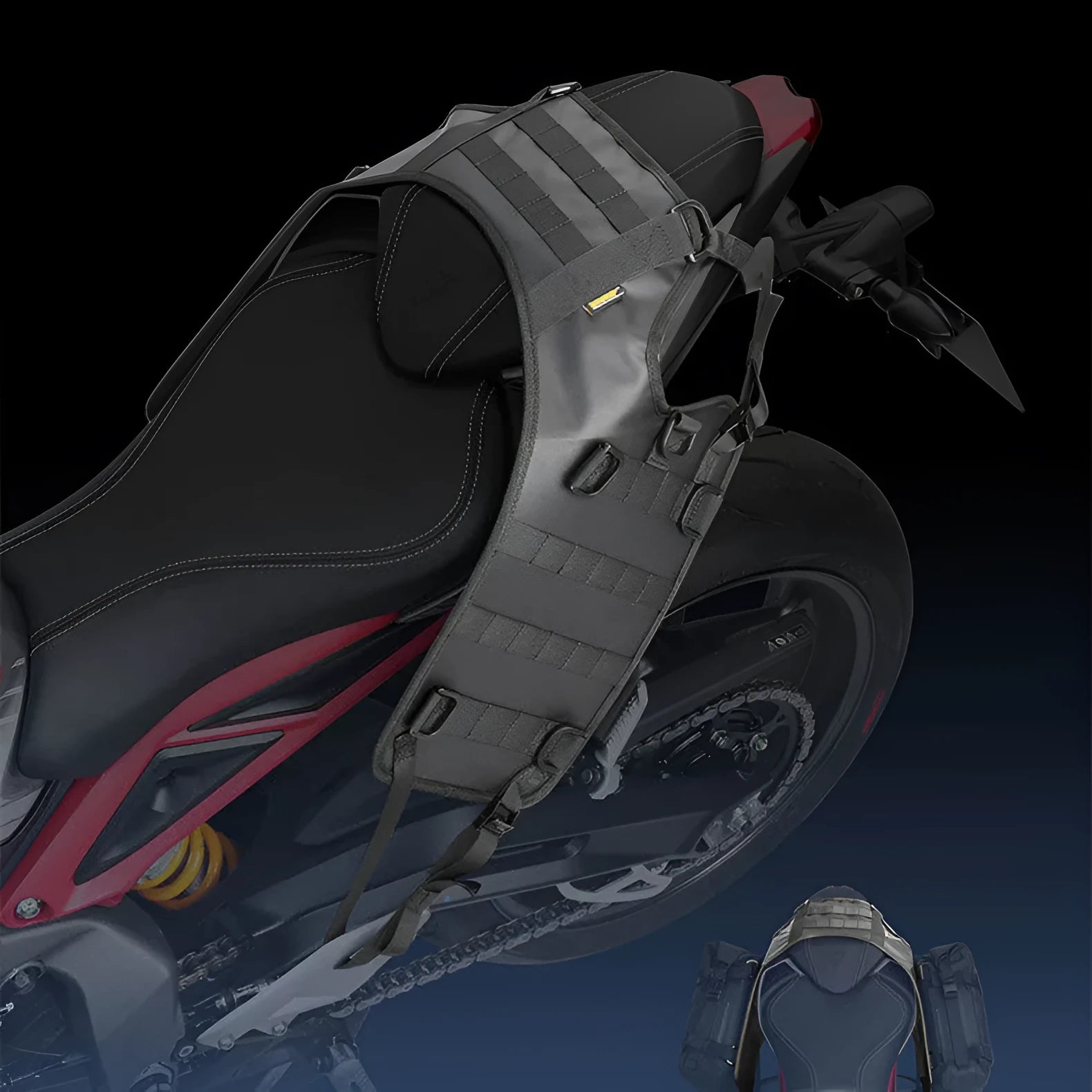 Black polyester motorcycle fuel tank mount base saddle measuring 100x40cm with expanded 100x41cm size