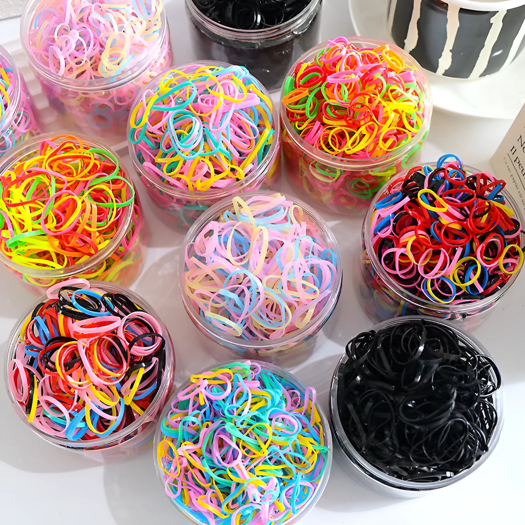 Multi-colour TPU baby hair ties in a reusable container, 300 or 600 pack for toddlers and girls with thin hair