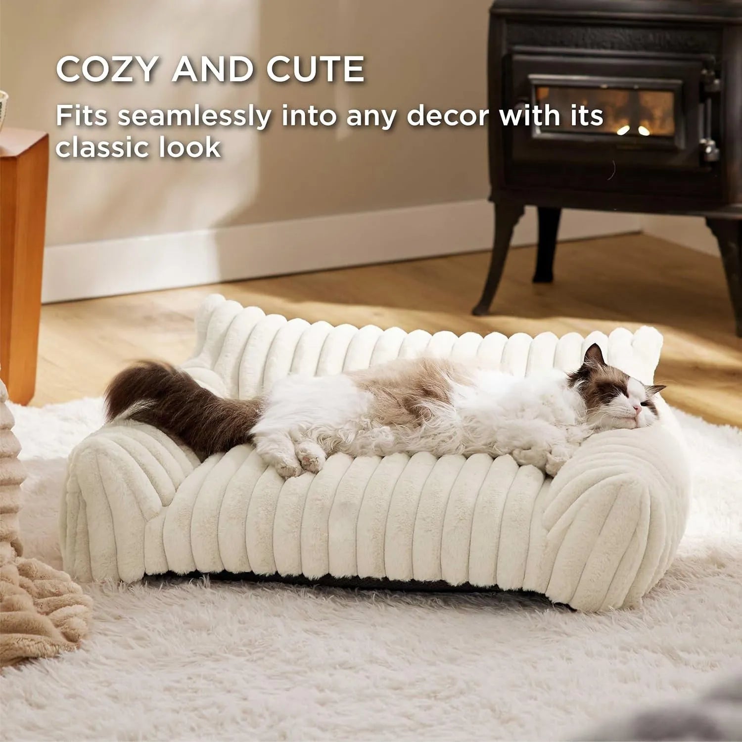Bedsure fluffy cat couch in beige with corduroy fleece cover and three-sided support design
