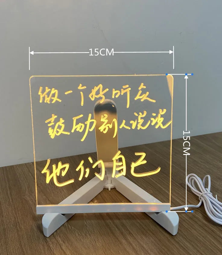 Acrylic DIY note board LED night light showing a transparent board with written messages, USB power, and bracket setup