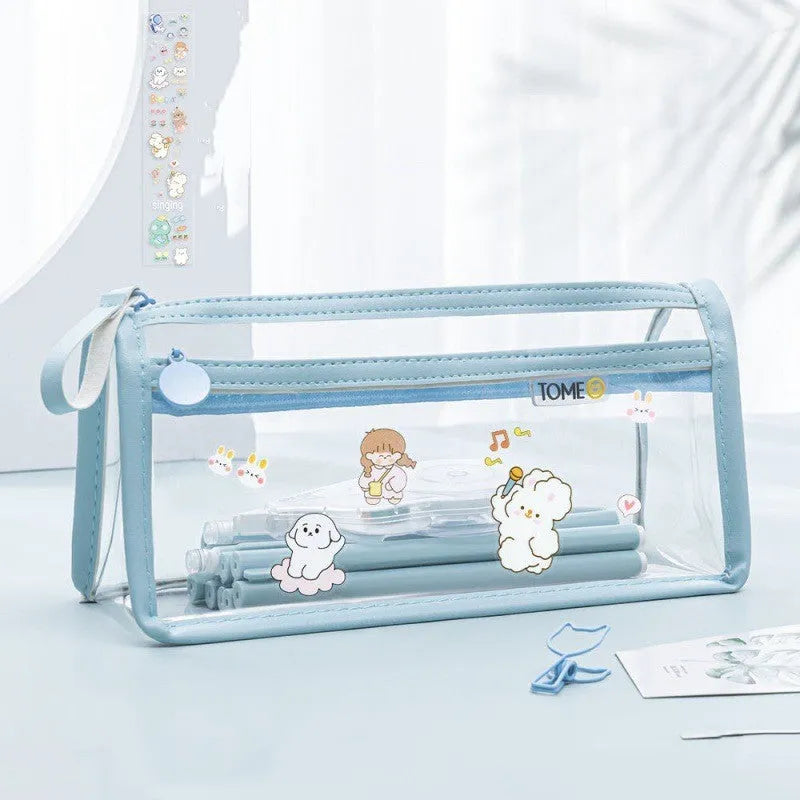Transparent double-layer pencil case in blue with large capacity 220x110x80mm for exam stationery