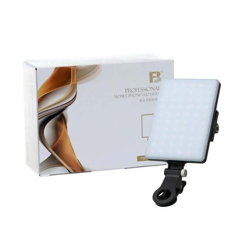 White portable LED mobile phone fill light with clip attached to a phone showing two-colour temperature modes and 250 Lux brightness