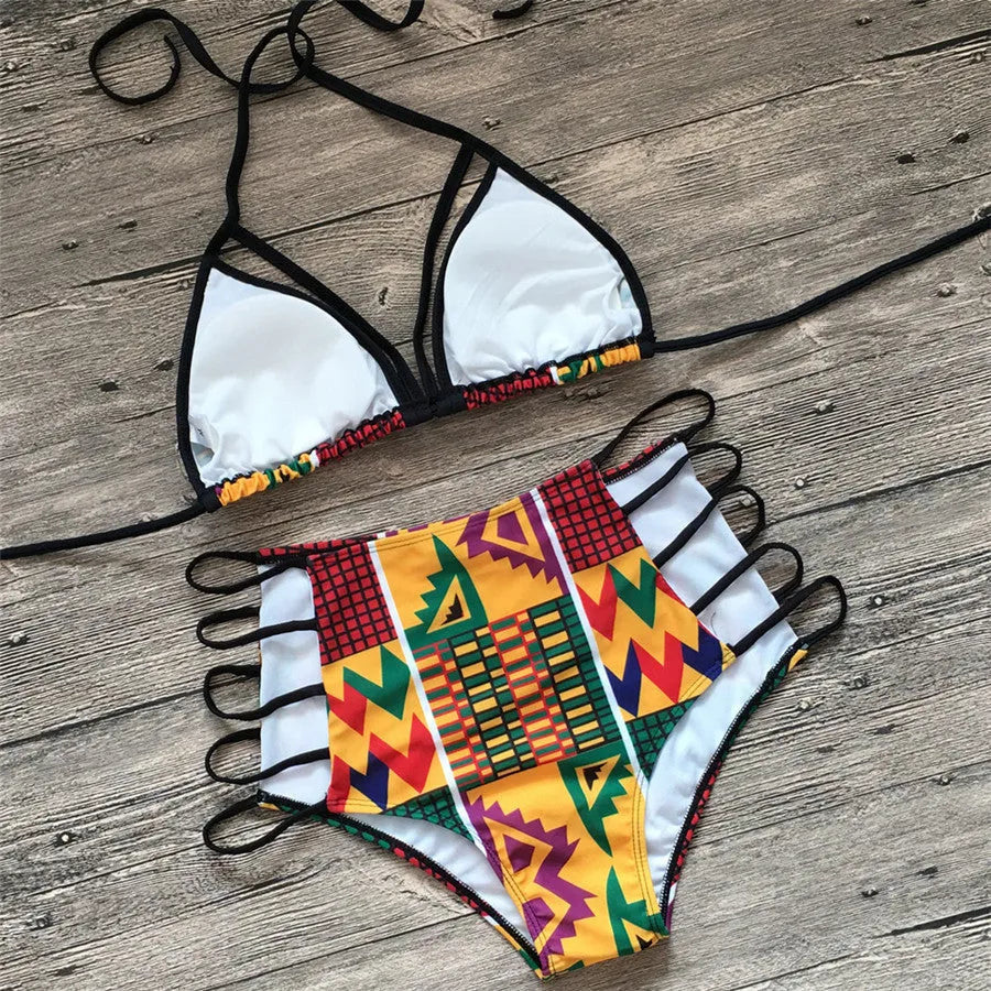 Women's high-waist bikini swimsuit with digital printing, shown as a two-piece set.