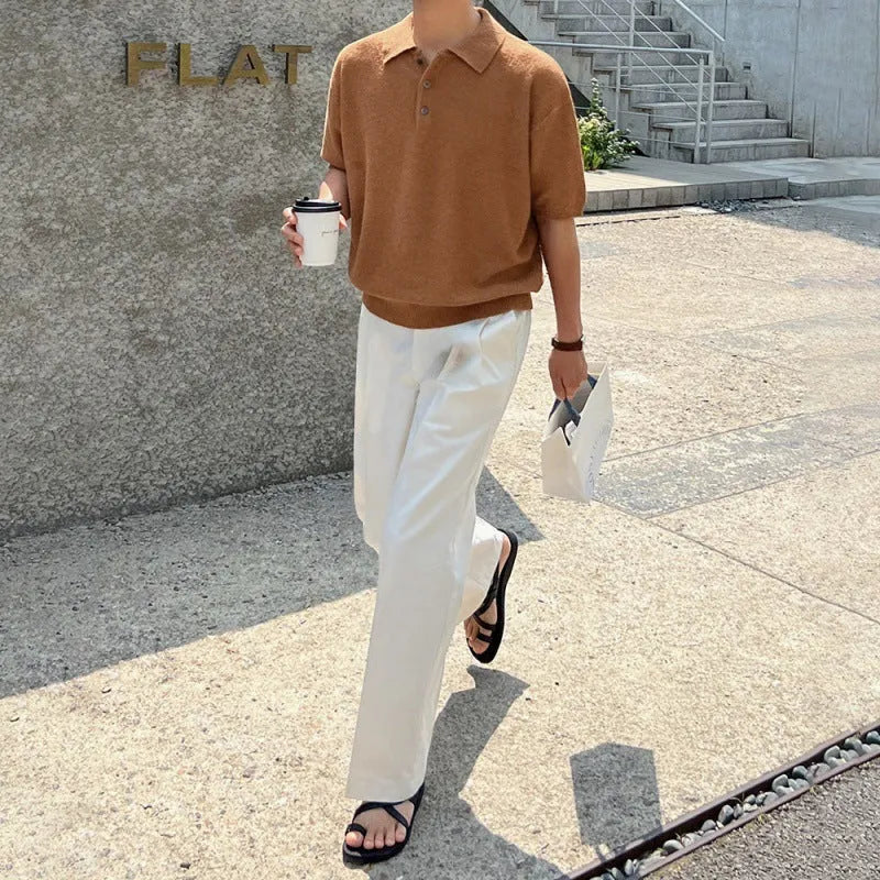 Men's caramel retro knitted polo shirt with asymmetric design and short sleeves