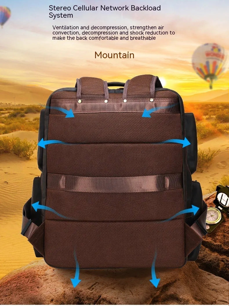 Dark brown retro leather backpack for 17-inch laptops with multiple compartments and shoulder straps