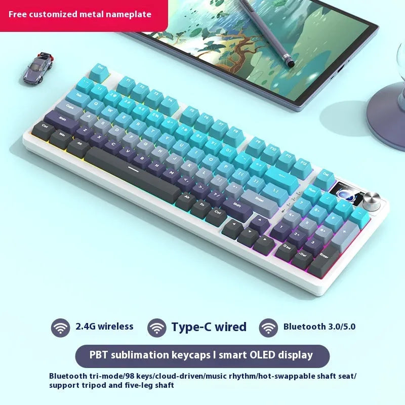 98-key wireless mechanical keyboard kit with display screen options and metal control knob