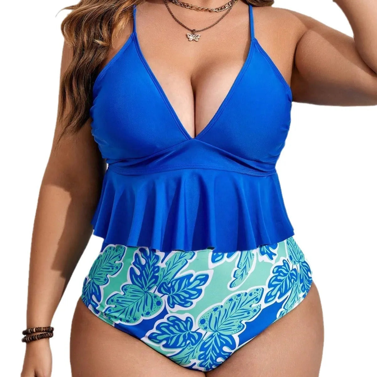 Blue polyester bikini set with separate top and shorts for European and American sizing