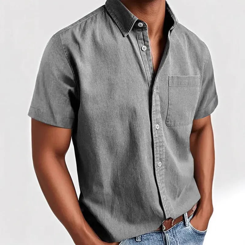Men's short-sleeved polo collar shirt, solid colour, with pocket on front, in black, white, and khaki options