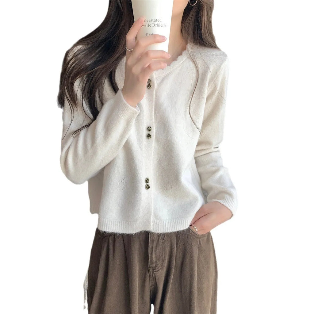 Women's long-sleeved acrylic cardigan coat in milky white, red, pink, light purple, or black