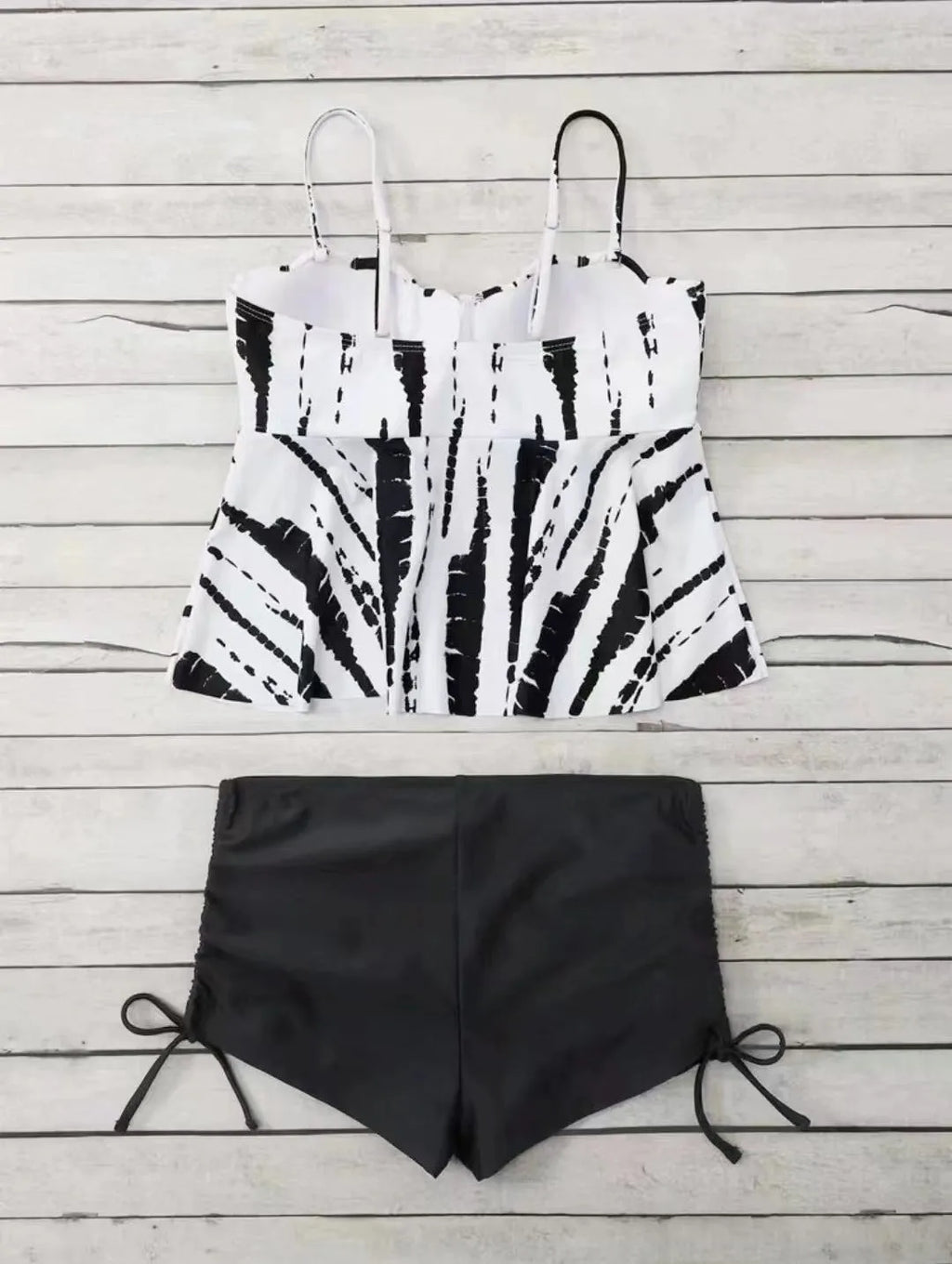 Women's hard bag printed split bikini swimsuit in polyester, white colour, with top and shorts