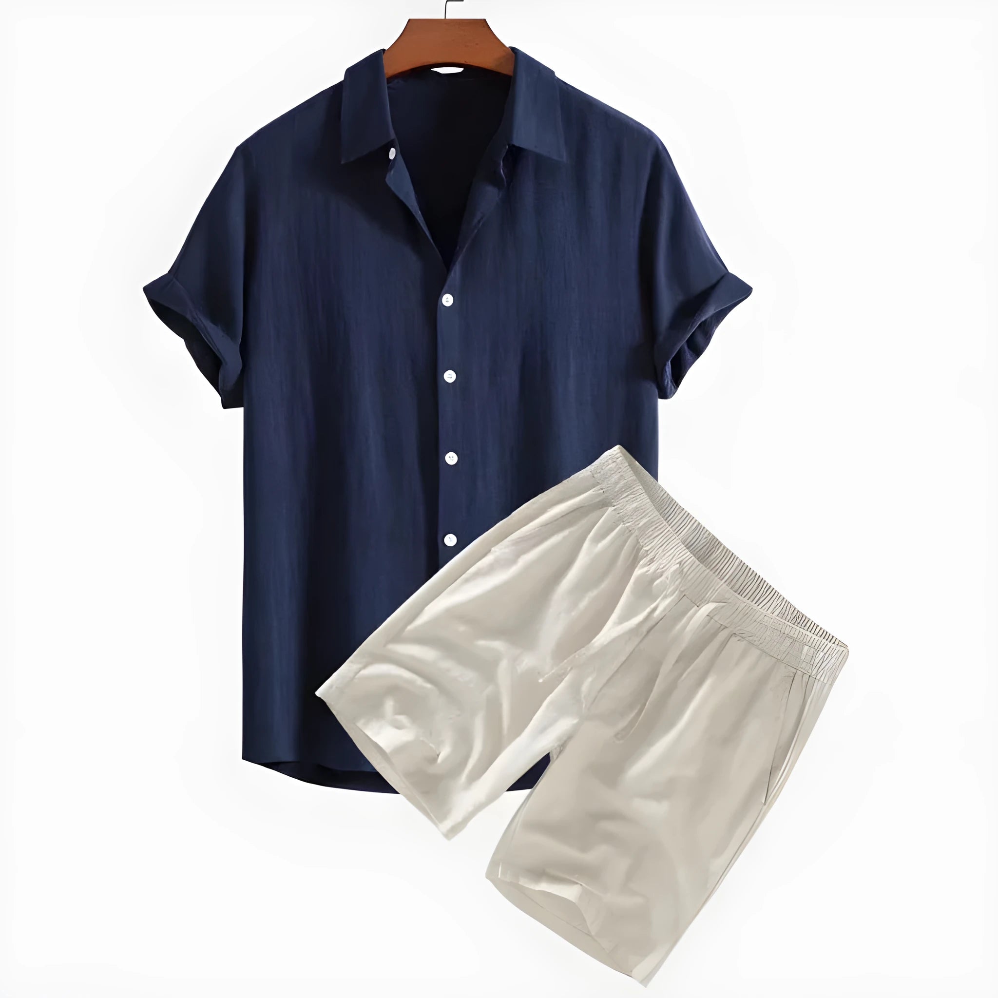 Men's solid colour casual short-sleeved shirt and shorts suit in polyester fibre, side view on model.