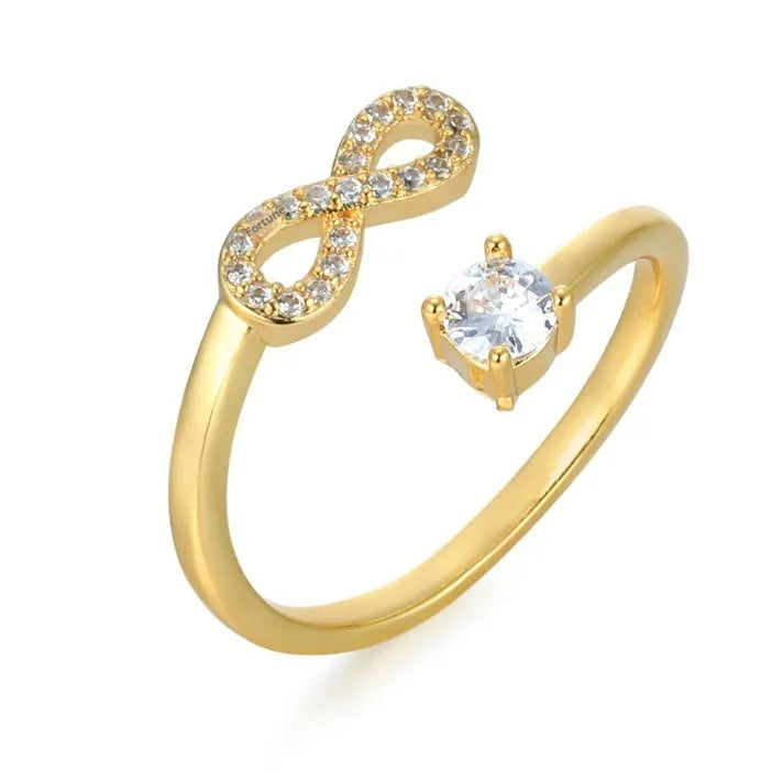 Geometric shape zircon letter ring showing alphabet sizing and three metal colour options
