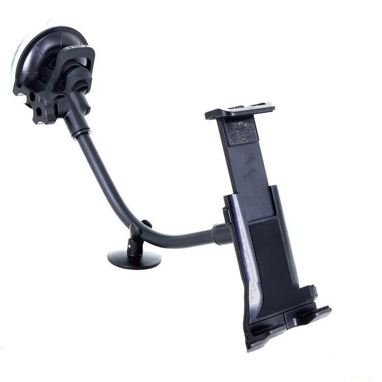 Black vehicle-mounted lifting bracket holding a tablet, showing long suction cup rod.