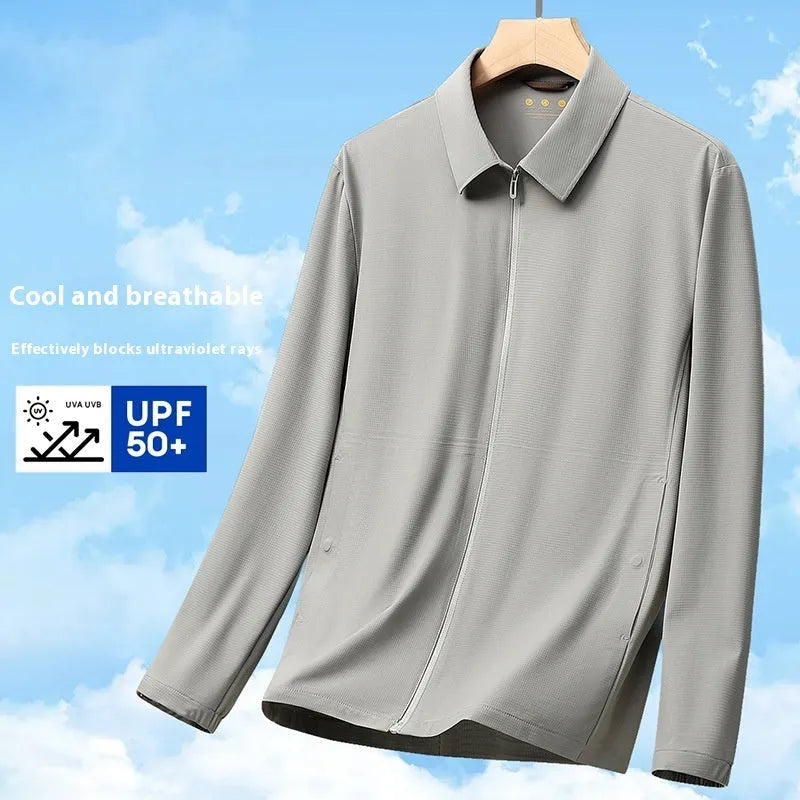 Summer ice silk sun protection coat in navy blue with lapel collar, regular fit for business administration