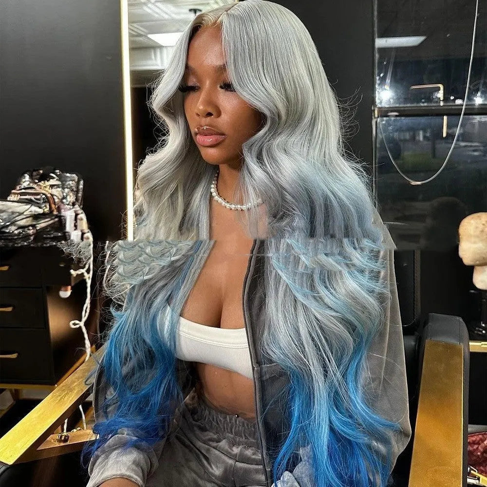 Grey to blue gradient human hair lace front wig with 4x4 frontal on a wig stand.
