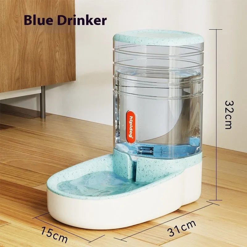 Blue automatic pet water fountain with 3.8-litre capacity for dogs and cats on a kitchen floor.