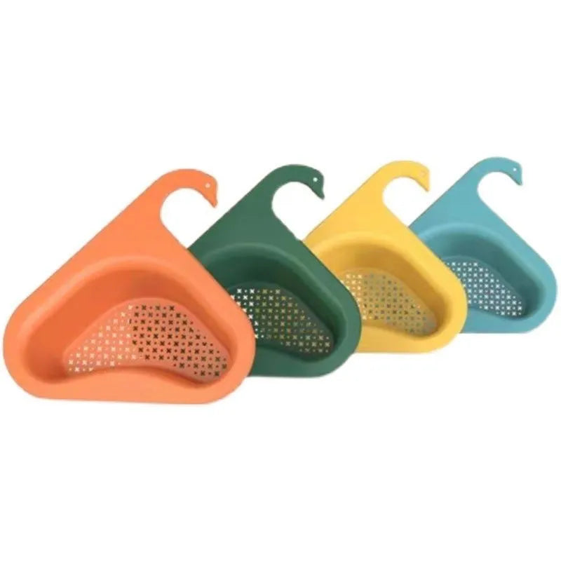 Household sink hanging fruit and vegetable drain basket in green plastic, clipped onto sink rim with slotted base